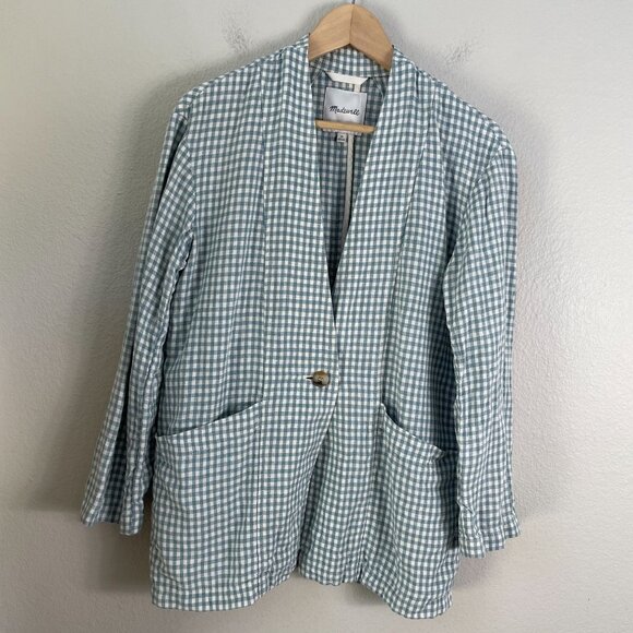 MADEWELL Womens XS Blue 100% Linen Collarless Blazer Gingham Check Jacket - Picture 8 of 16